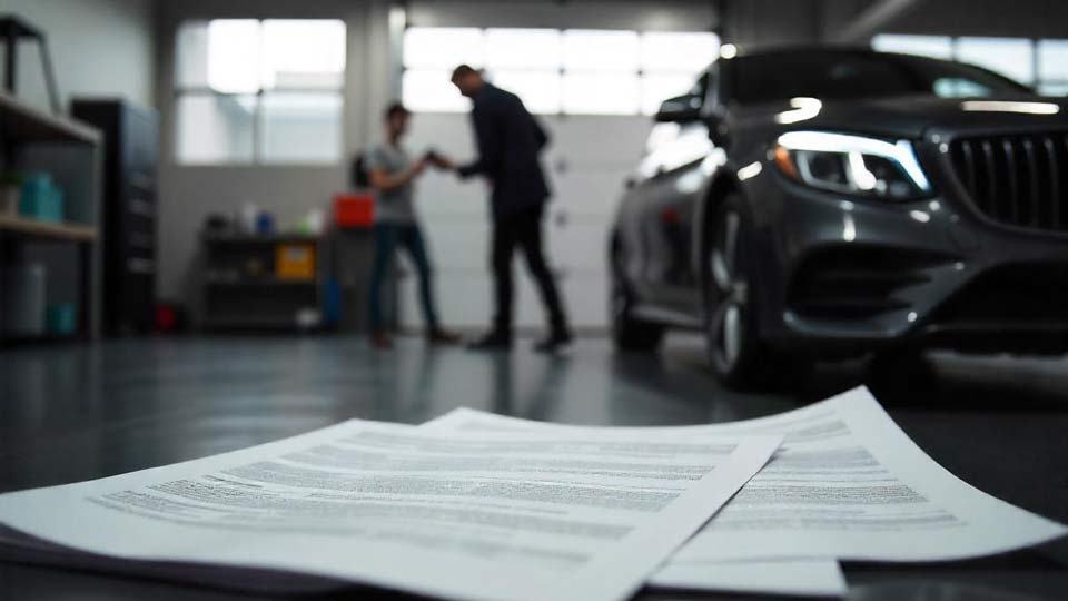 Auto mit Getriebeschaden in einer Werkstatt in Oberhausen; Infografik mit Reparaturkosten und Verkauf.